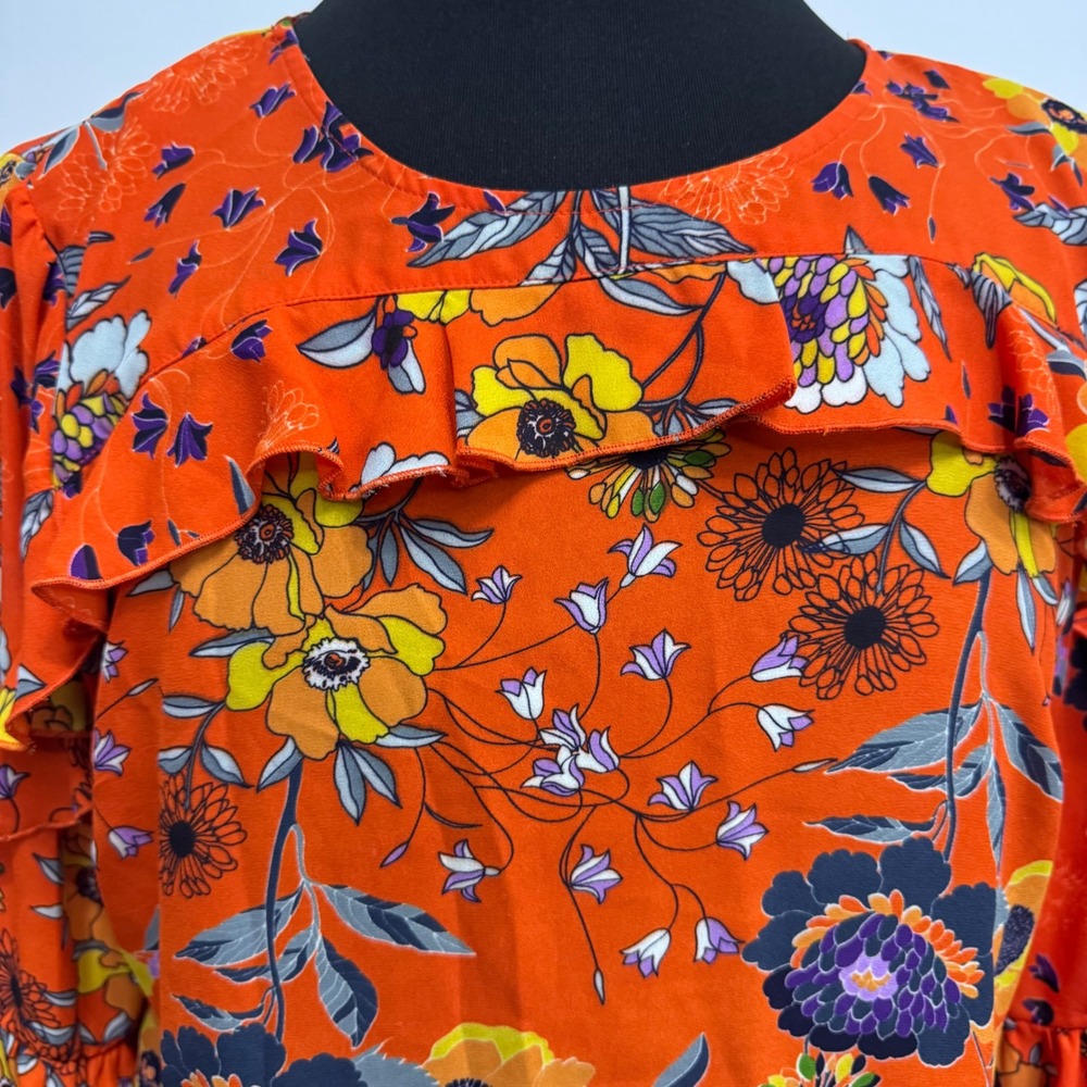 Sunny Leigh Blouse Womens XL Orange Floral Ruffle Bell Sleeve Round Neck Top - Picture 2 of 10
